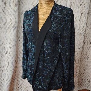Chicos Travelers Open Front Jacket Soft Blazer Womens Sz 2 Blue Embroidered Art